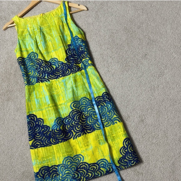 Anthropologie Tabitha Dress Shift Azure Scroll Yellow Blue Swiss Dot Cotton Sz 2 - Picture 13 of 16